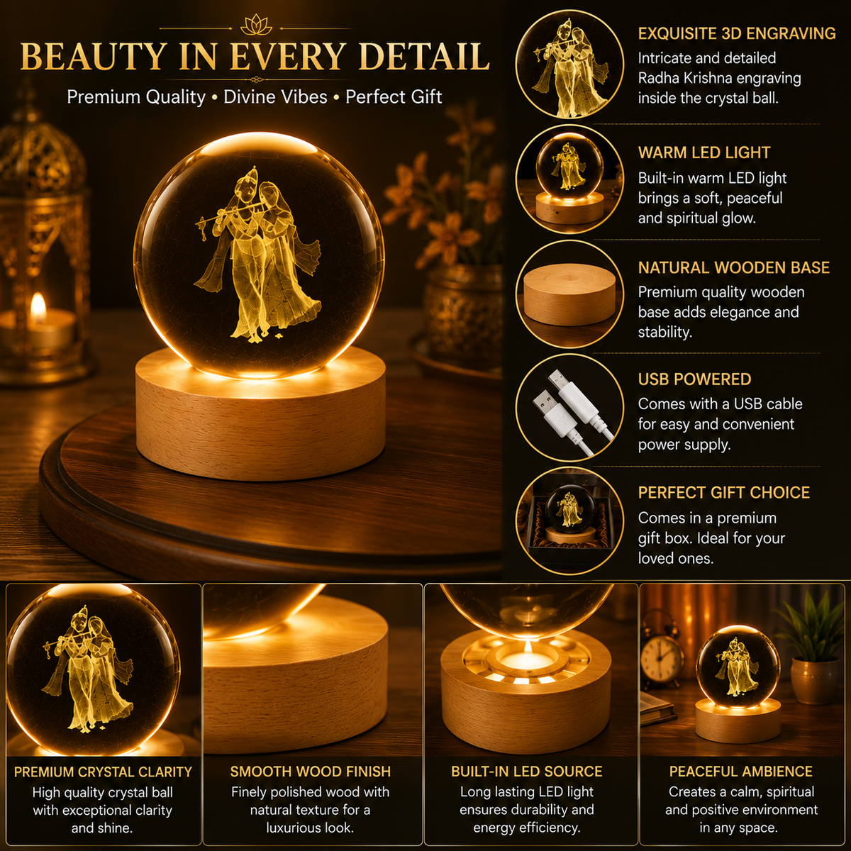 ✨ Divine Radha Krishna Crystal Ball LED Lamp