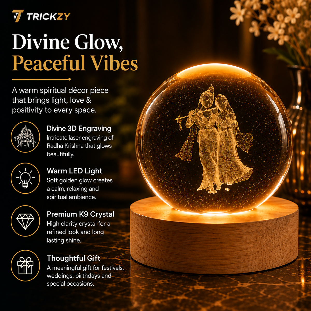 ✨ Divine Radha Krishna Crystal Ball LED Lamp