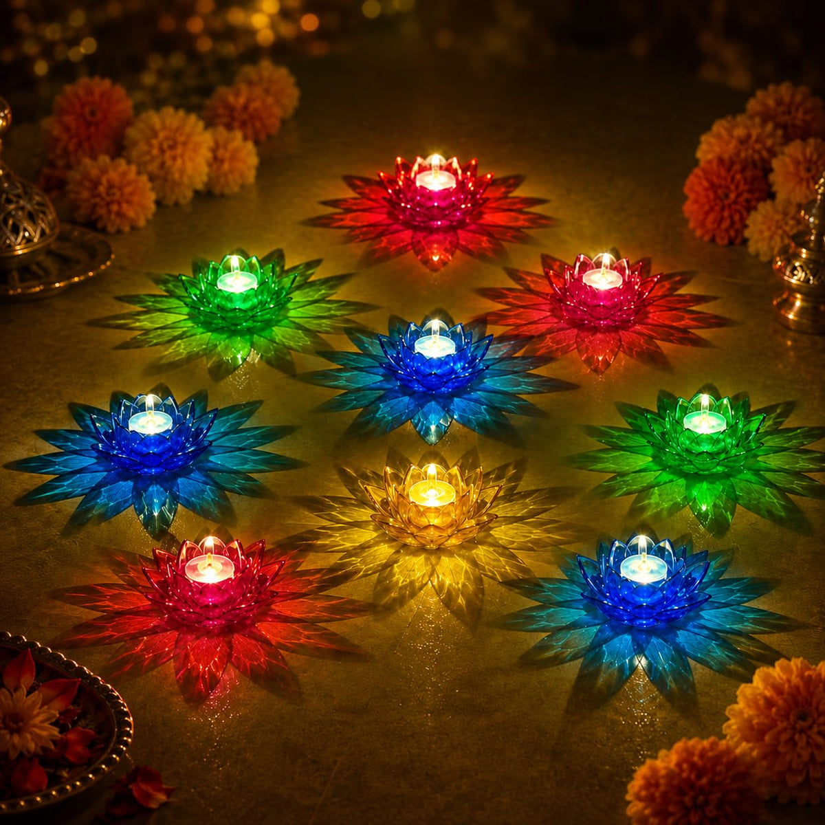 Lotus 3D Reflect Diya Set of 12 | Colorful Decorative Diyas for Festivals & Home Decor