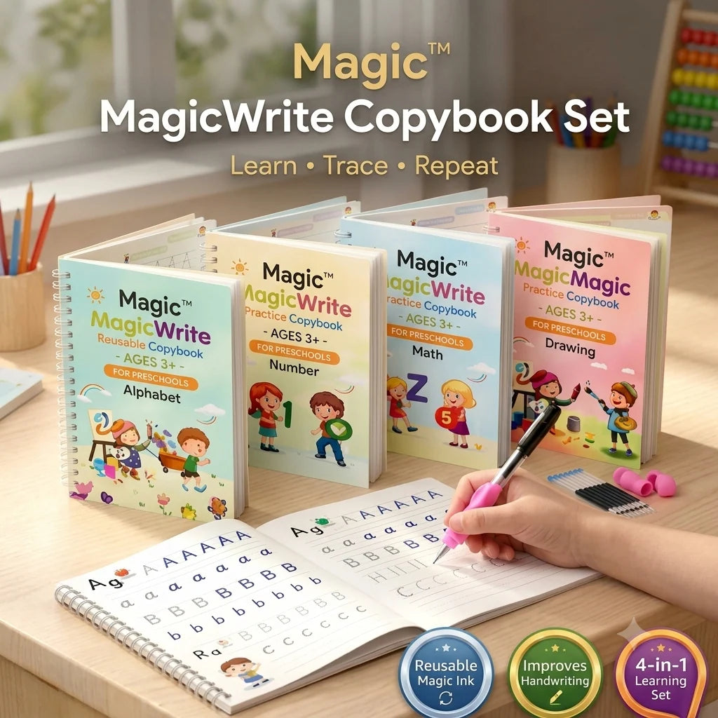 🪄 Magic Practice Copybook for Kids – Complete 4-in-1 Reusable Learning Kit ✨📚