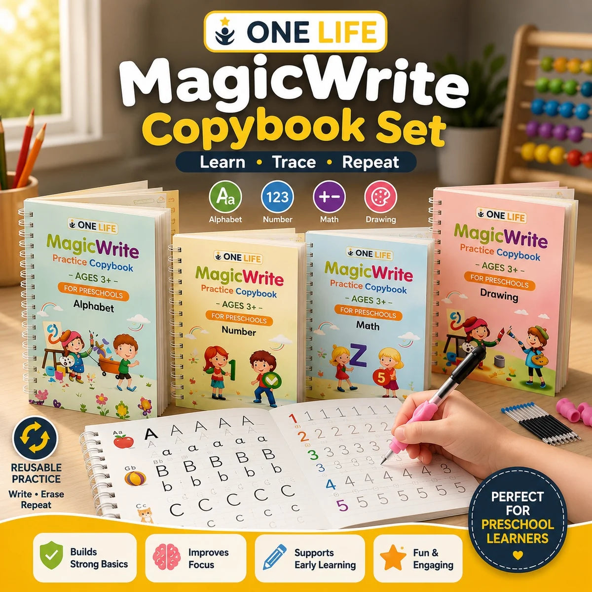 🪄 Magic Practice Copybook for Kids – Complete 4-in-1 Reusable Learning Kit ✨📚